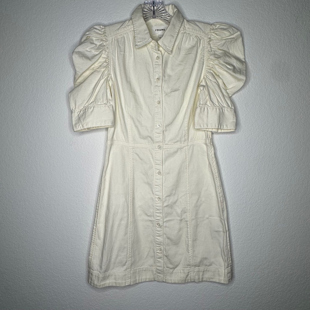 FRAME Denim‎ Puff Sleeve Mini Dress Ecru Off White Cotton Button Down Size XS